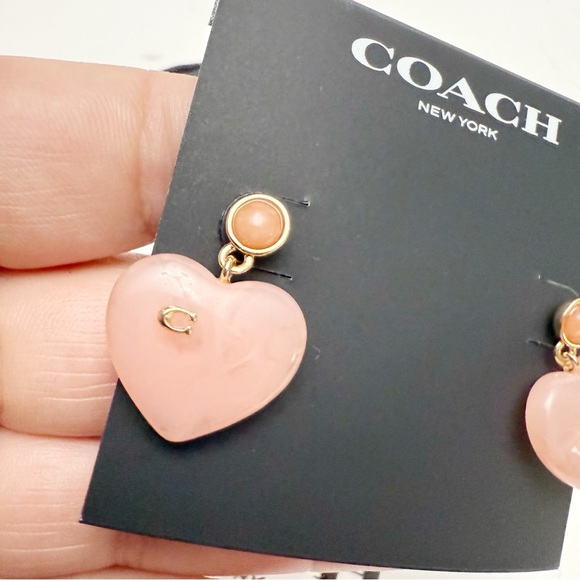 Coach Signature Logo Pink Resin Heart Drop Dangle Earrings Goldtone NEW - Picture 5 of 6